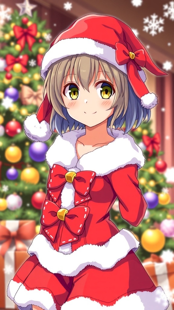 Anime character in Christmas attire with snowflakes and ornaments, set against a festive background.
